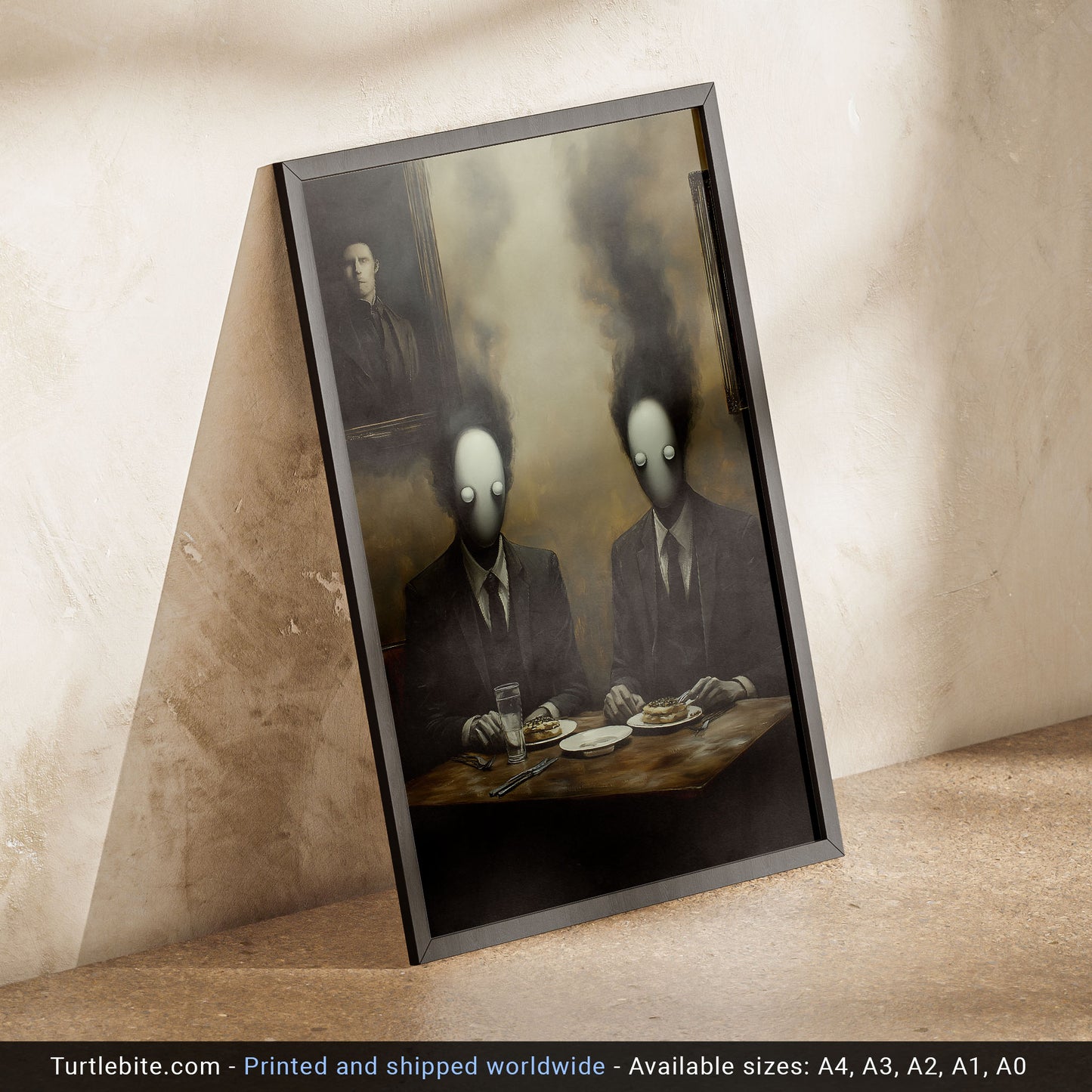 A surreal digital painting showing two faceless men in suits with smoky heads dining at a table with pastries, beneath a haunting portrait on the wall.