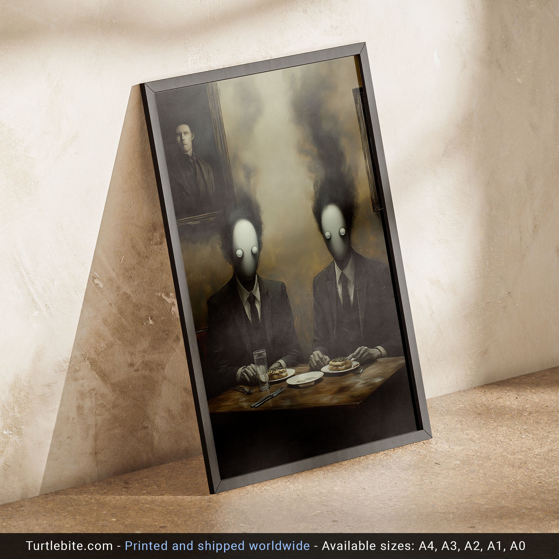 A surreal digital painting showing two faceless men in suits with smoky heads dining at a table with pastries, beneath a haunting portrait on the wall.