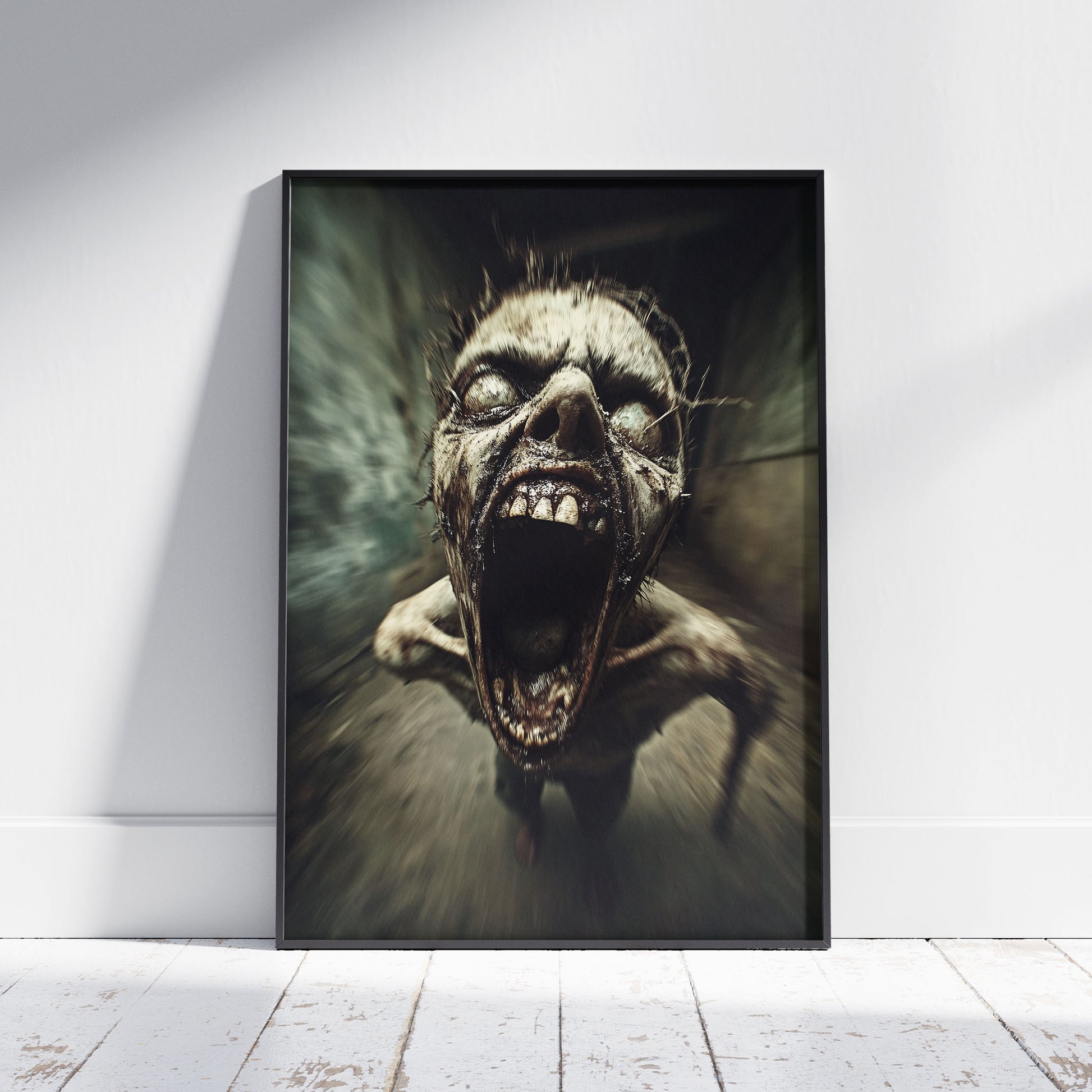 Terrifying zombie creature with decayed face and wide-open mouth screaming in a dark haunted corridor, horror-themed digital artwork.