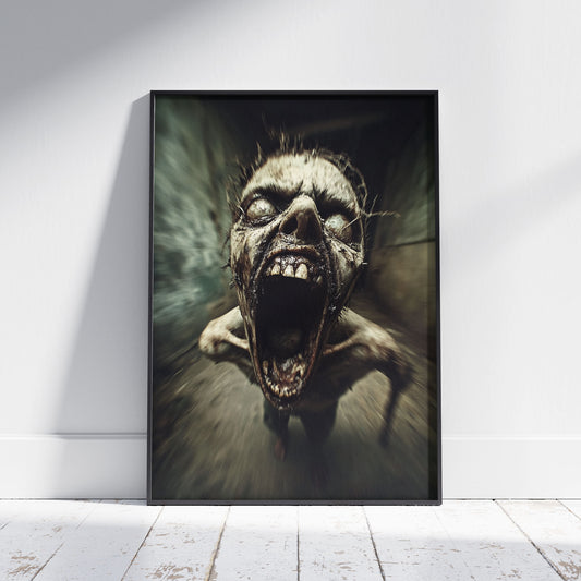 Terrifying zombie creature with decayed face and wide-open mouth screaming in a dark haunted corridor, horror-themed digital artwork.