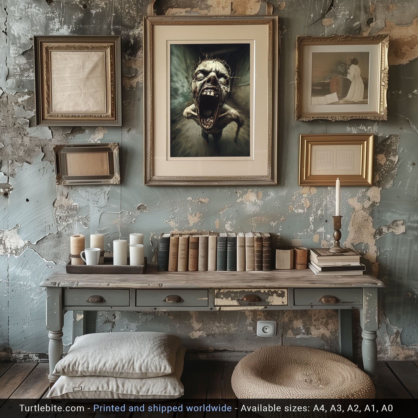 Terrifying Zombie Screaming in Haunted Corridor, Horror Art Print for Halloween Decor, Scary Wall Art