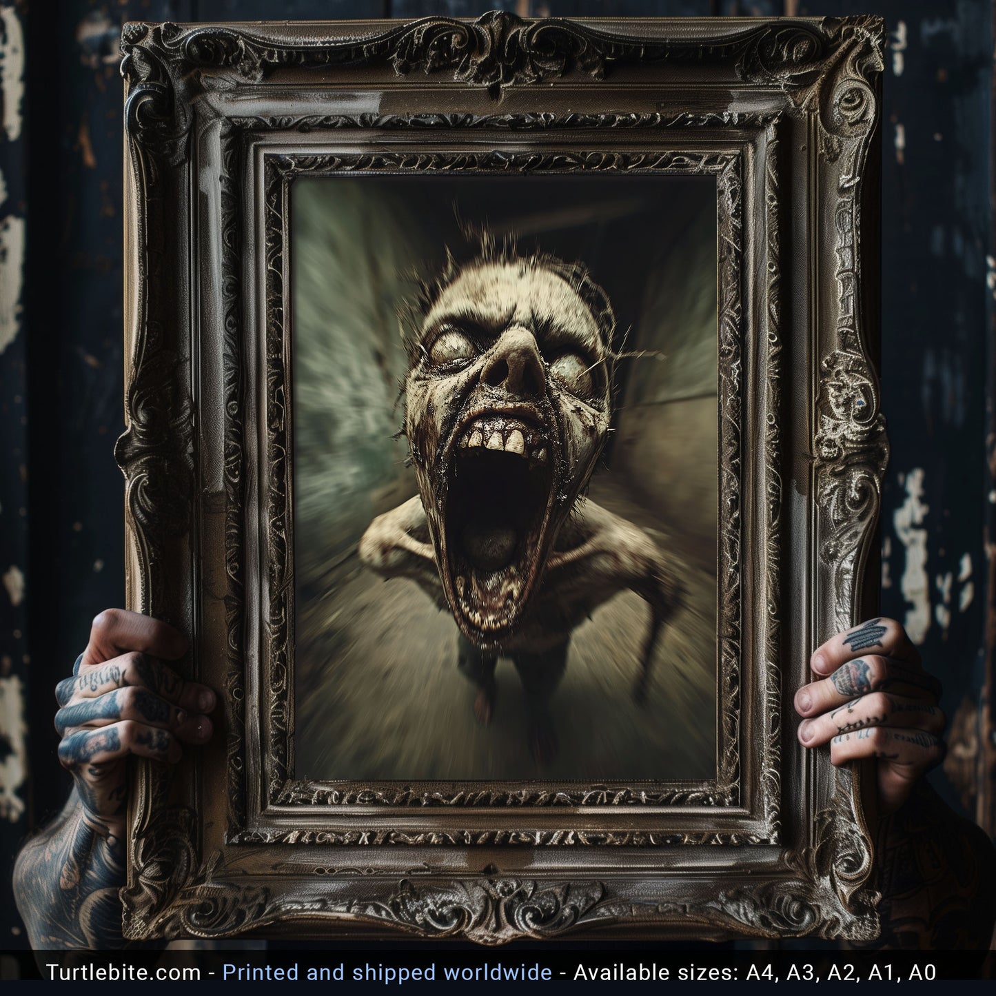 Terrifying Zombie Screaming in Haunted Corridor, Horror Art Print for Halloween Decor, Scary Wall Art