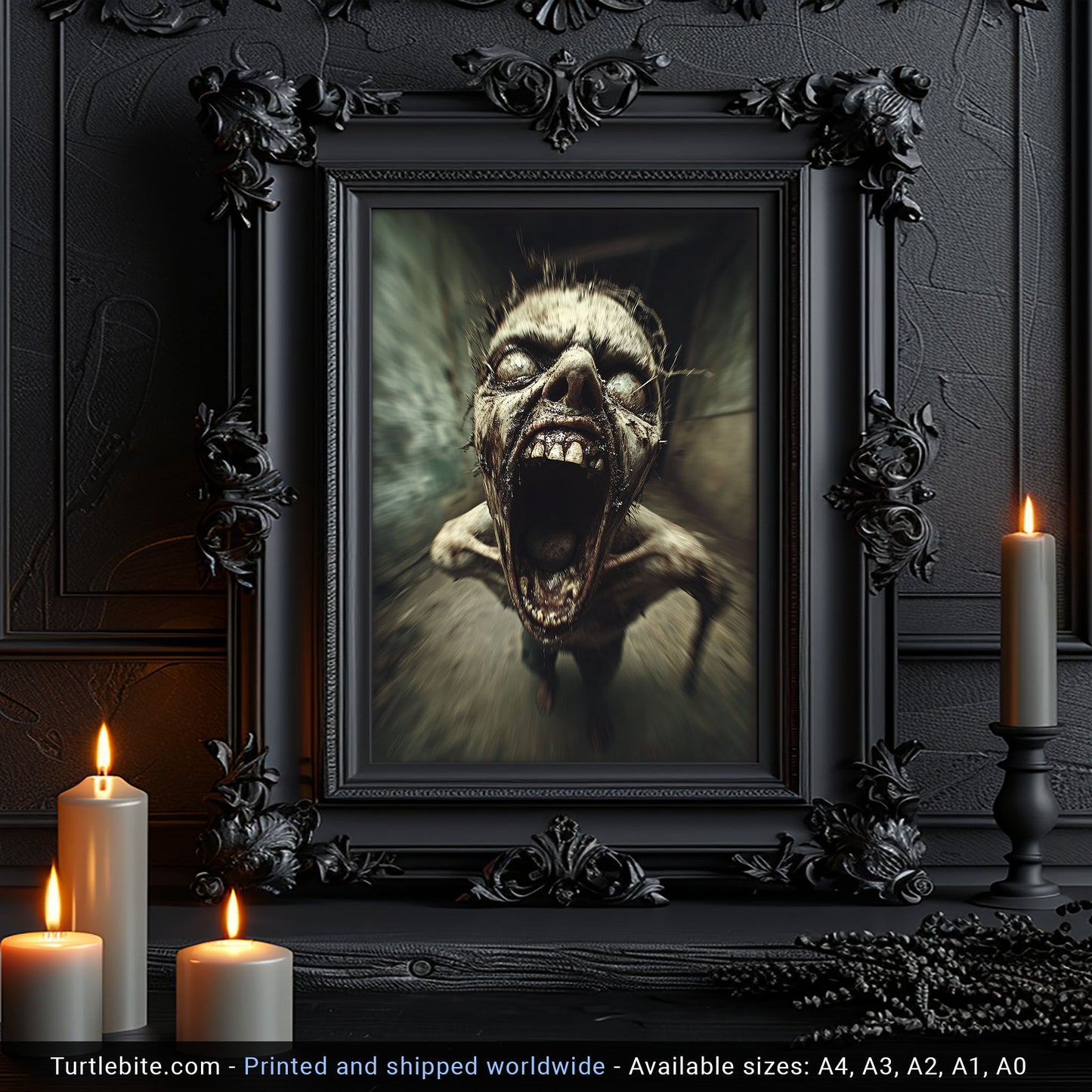 Terrifying Zombie Screaming in Haunted Corridor, Horror Art Print for Halloween Decor, Scary Wall Art
