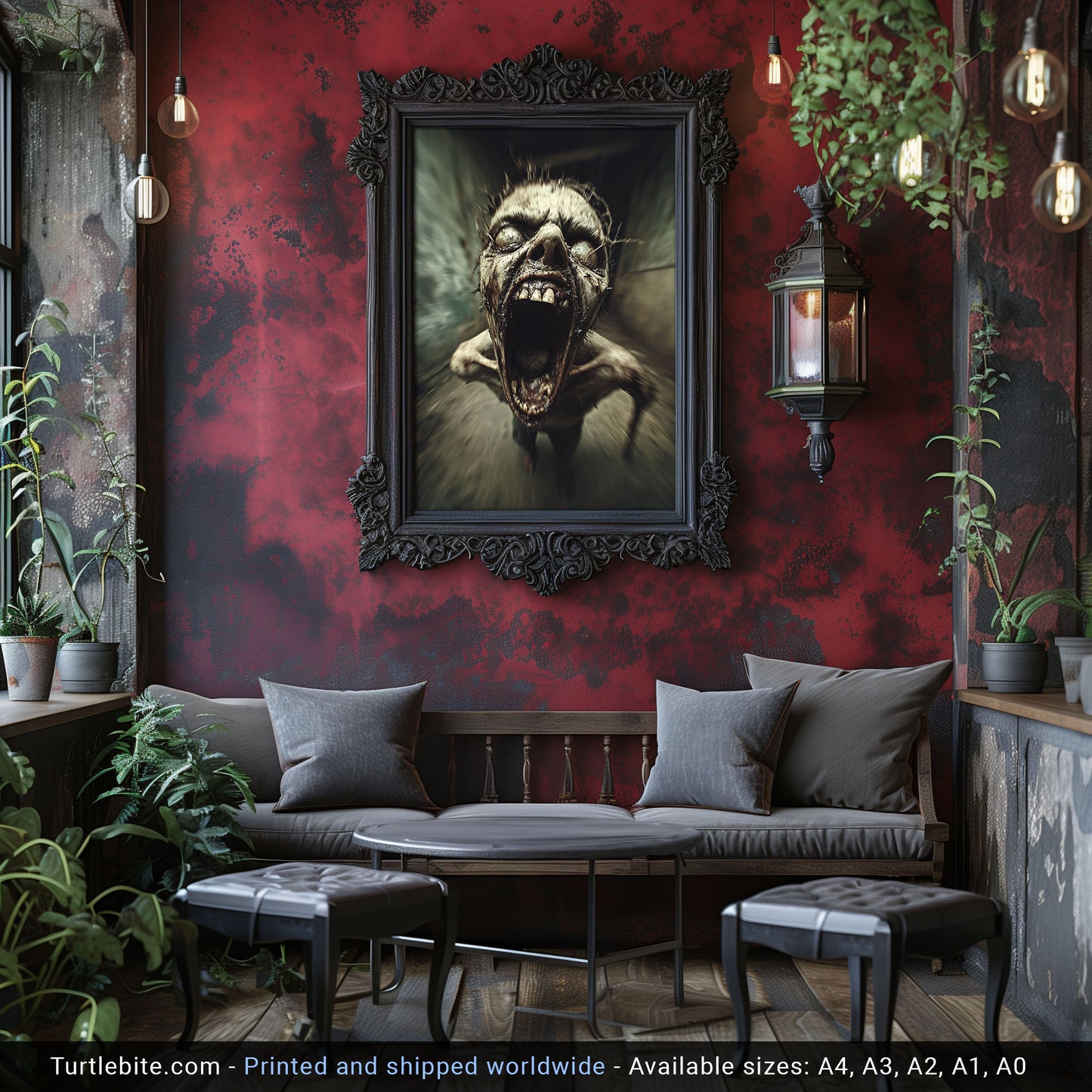 Terrifying Zombie Screaming in Haunted Corridor, Horror Art Print for Halloween Decor, Scary Wall Art