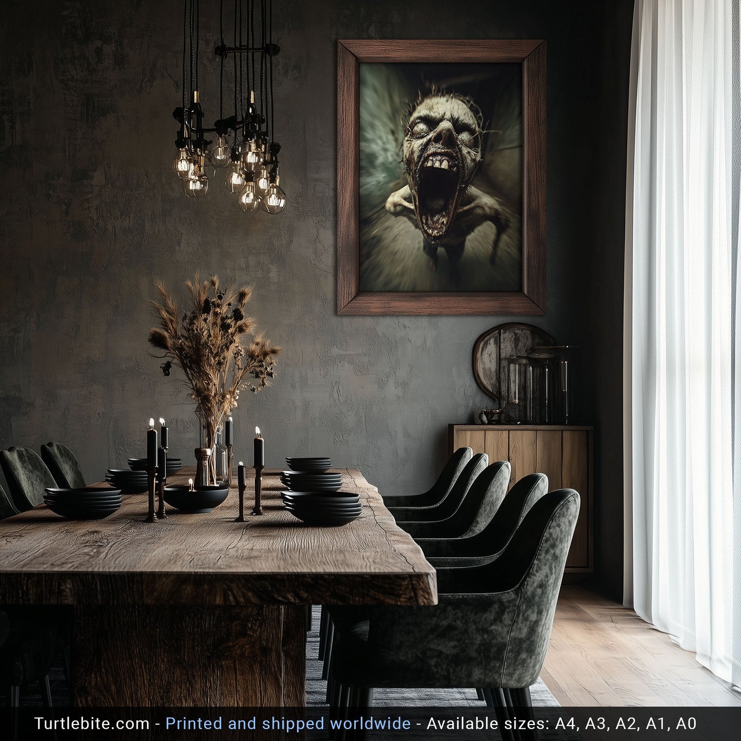 Terrifying Zombie Screaming in Haunted Corridor, Horror Art Print for Halloween Decor, Scary Wall Art