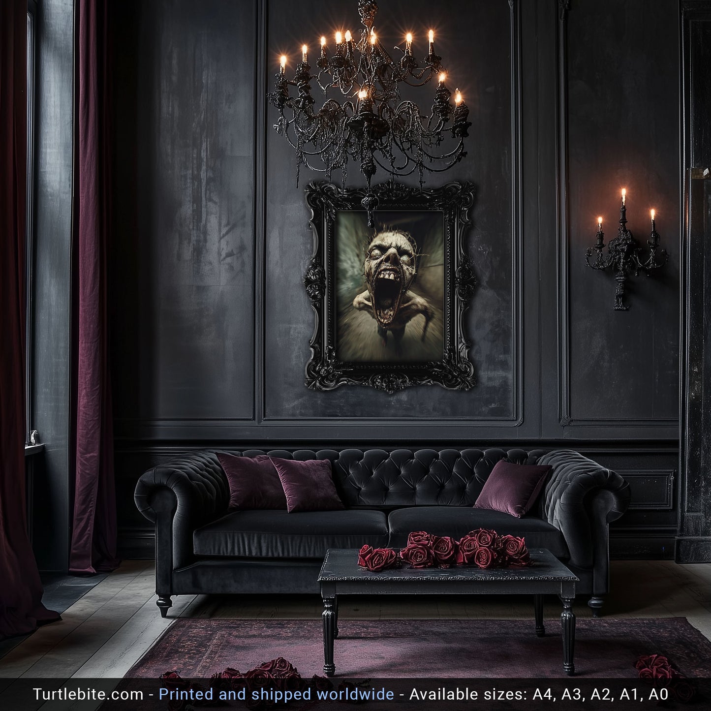 Terrifying Zombie Screaming in Haunted Corridor, Horror Art Print for Halloween Decor, Scary Wall Art