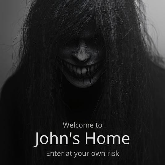 A creepy, dark image of a face with jagged teeth and eyes peering through long black hair. Text overlaid on the image reads: "Welcome to John's Home" and "Enter at your own risk".