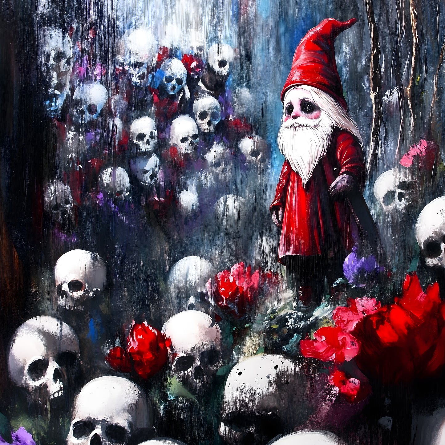 Digital painting: A central figure of a gnome, characterized by a bright red, conical hat and red coat, with a full white beard and large, sorrowful dark eyes. The gnome is surrounded by a multitude of white human skulls, both in front and behind it, interspersed with bright red and some purple flowers. The background is dark and abstract, with vertical blue, purple, and white streaks suggesting a forest or waterfall.