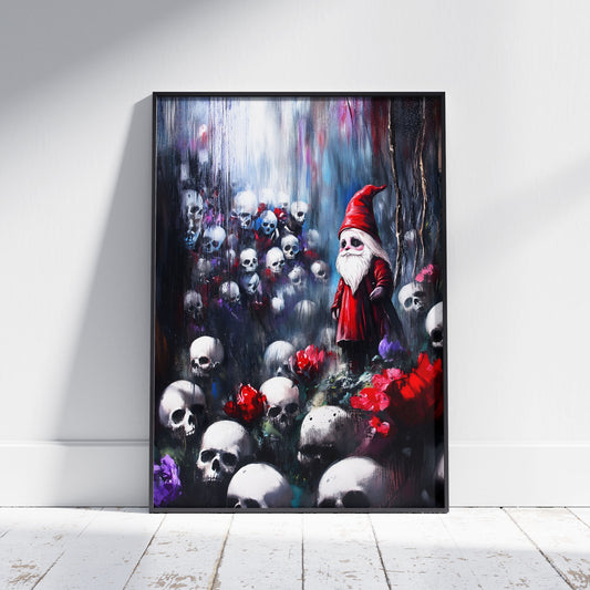 Oil painting depicting a small gnome with a white beard, red pointed hat, and red coat, standing amidst numerous human skulls and vibrant red and purple flowers in a dark, atmospheric forest setting