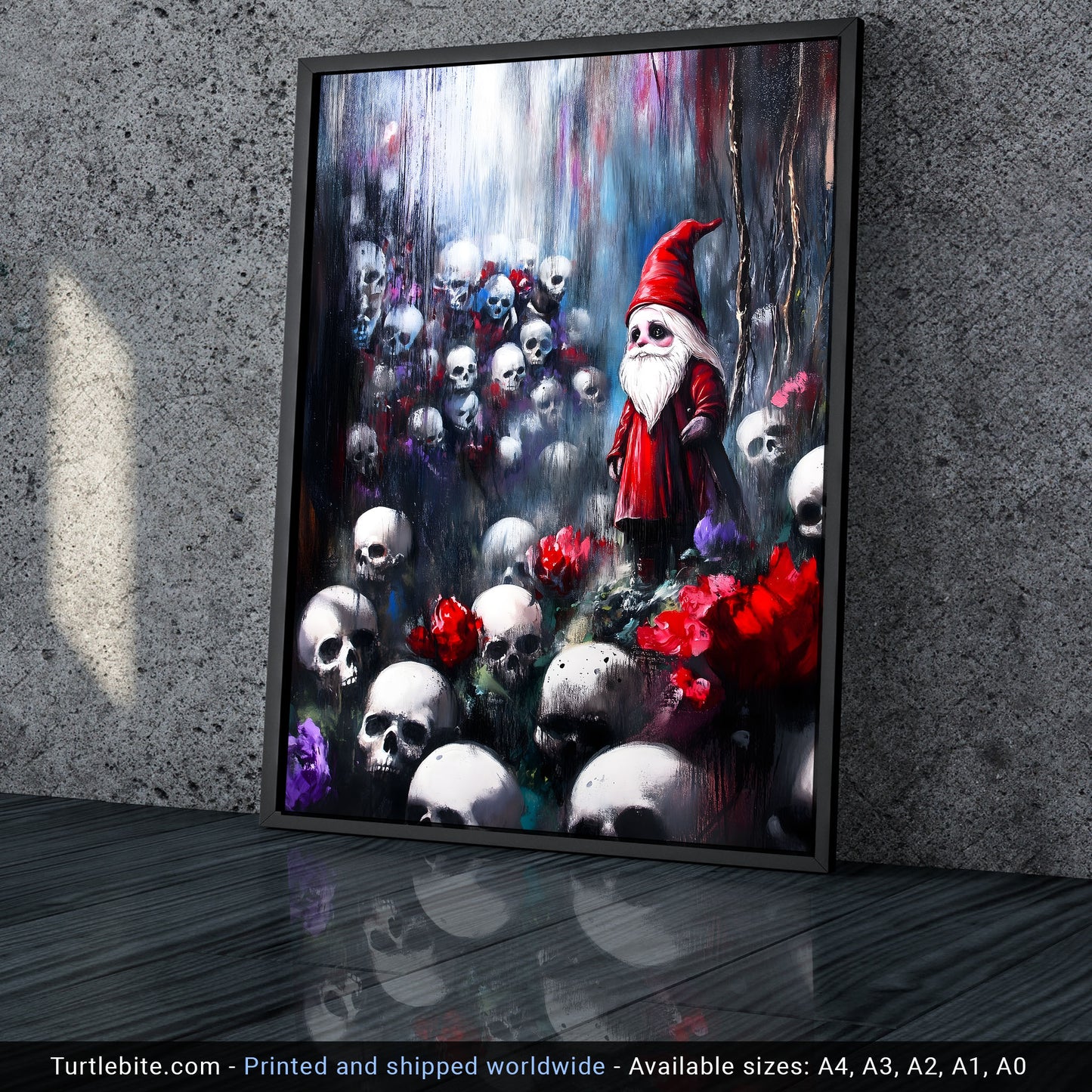 Melancholy Red Gnome in Skull Forest - Dark Fantasy Gothic Art Print