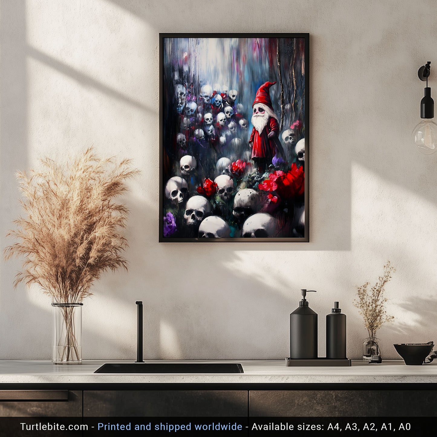 Melancholy Red Gnome in Skull Forest - Dark Fantasy Gothic Art Print
