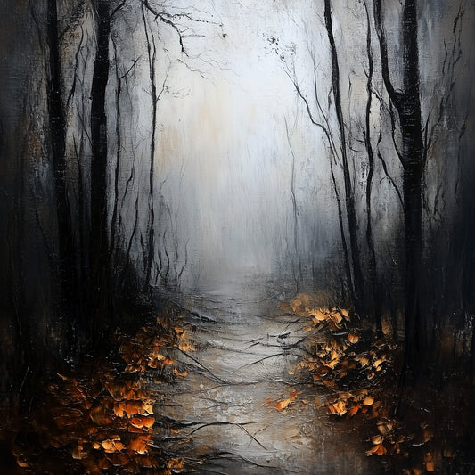 Moody and ethereal painting of a path leading into a misty forest, with dark, bare trees and contrasting bright autumn leaves.