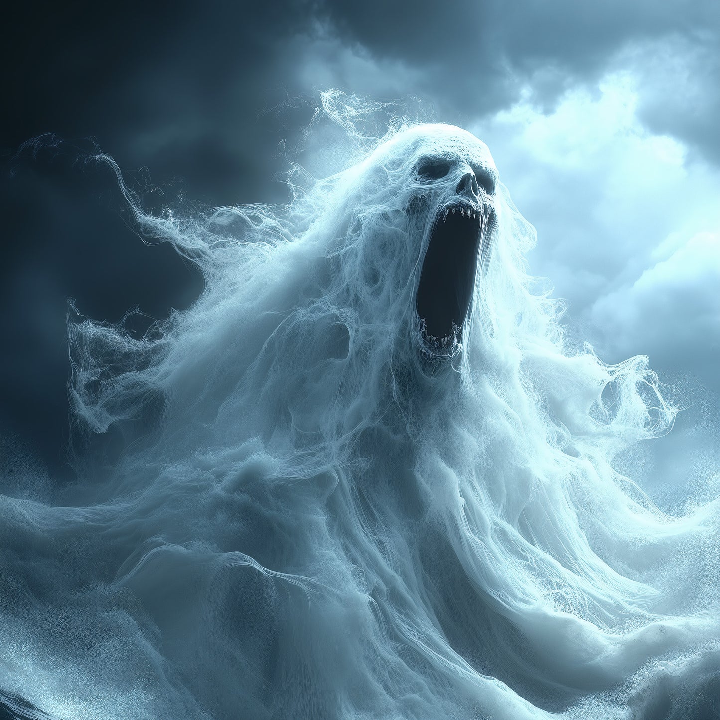 A terrifying ghostly figure rises from stormy ocean waves, screaming with a wide open mouth and sharp teeth, surrounded by swirling mist and dark clouds in a supernatural horror scene.