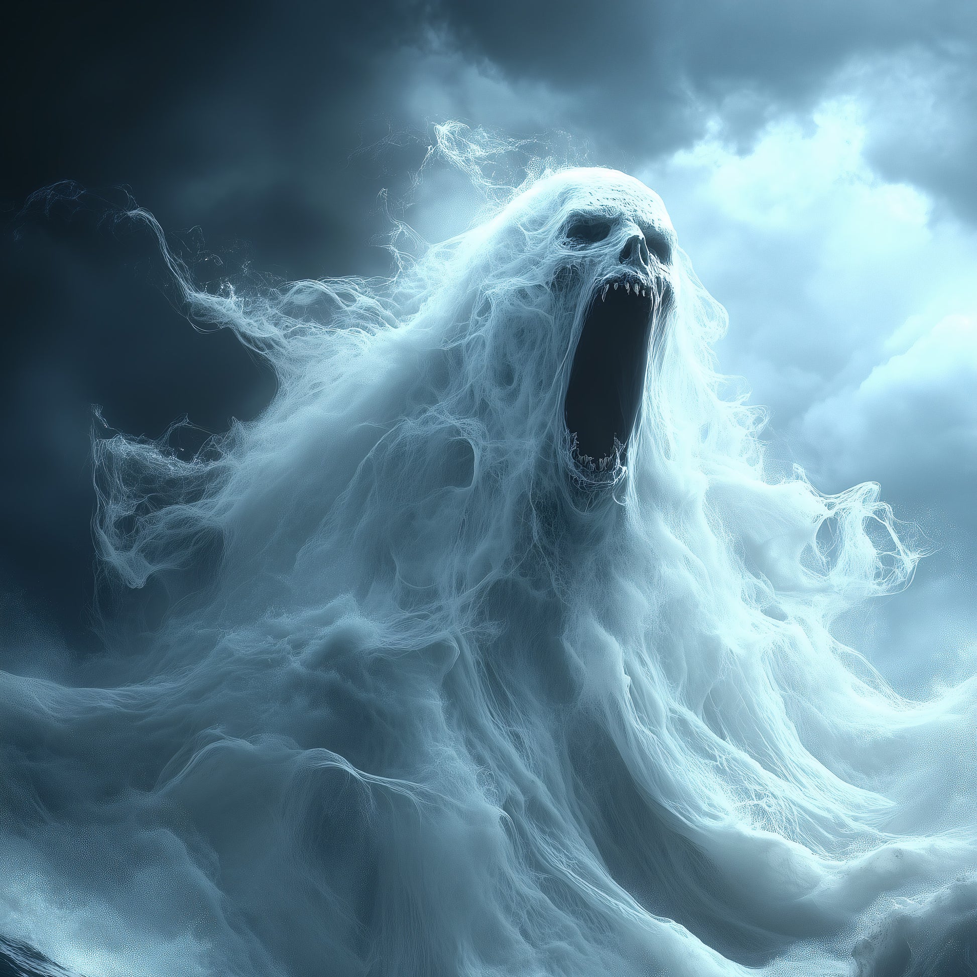 A terrifying ghostly figure rises from stormy ocean waves, screaming with a wide open mouth and sharp teeth, surrounded by swirling mist and dark clouds in a supernatural horror scene.