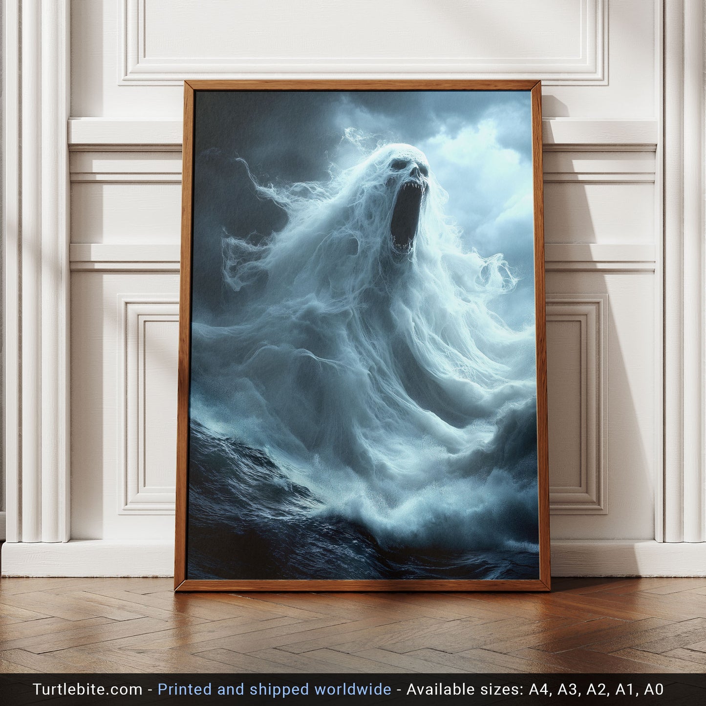 Terrifying Ocean Ghost Poster Print, Dark Sea Spirit Screaming Amid Stormy Waves in Spooky Supernatural Horror Artwork