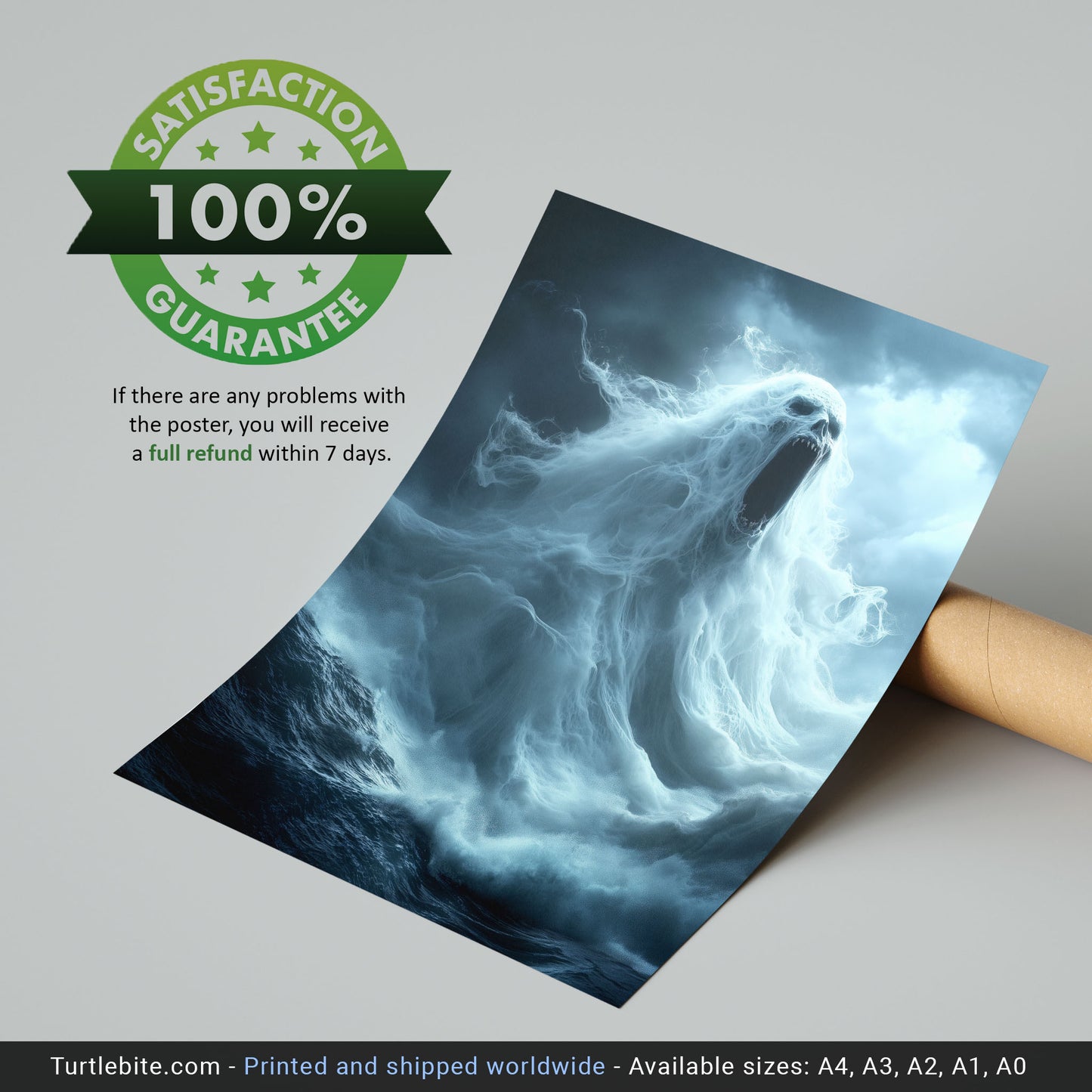 Terrifying Ocean Ghost Poster Print, Dark Sea Spirit Screaming Amid Stormy Waves in Spooky Supernatural Horror Artwork