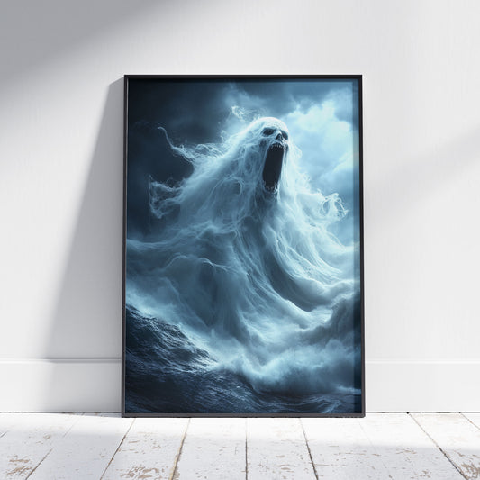 A terrifying ghostly figure rises from stormy ocean waves, screaming with a wide open mouth and sharp teeth, surrounded by swirling mist and dark clouds in a supernatural horror scene.