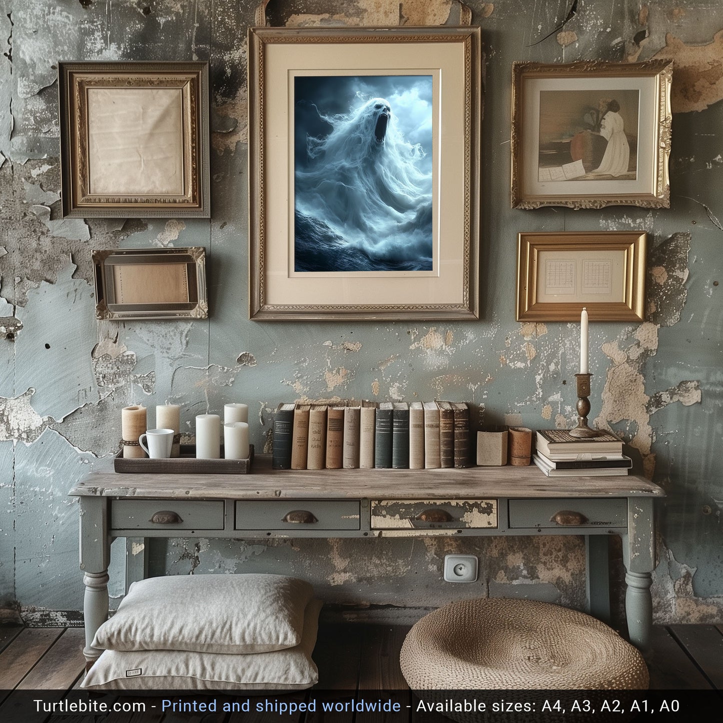 Terrifying Ocean Ghost Poster Print, Dark Sea Spirit Screaming Amid Stormy Waves in Spooky Supernatural Horror Artwork