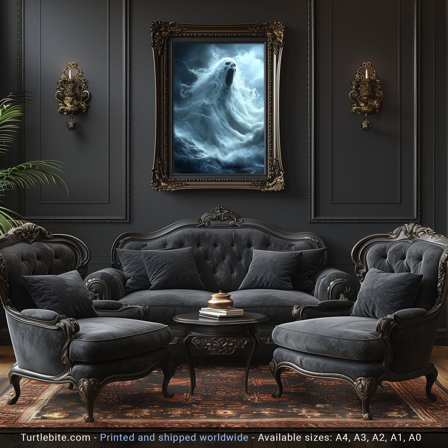 Terrifying Ocean Ghost Poster Print, Dark Sea Spirit Screaming Amid Stormy Waves in Spooky Supernatural Horror Artwork