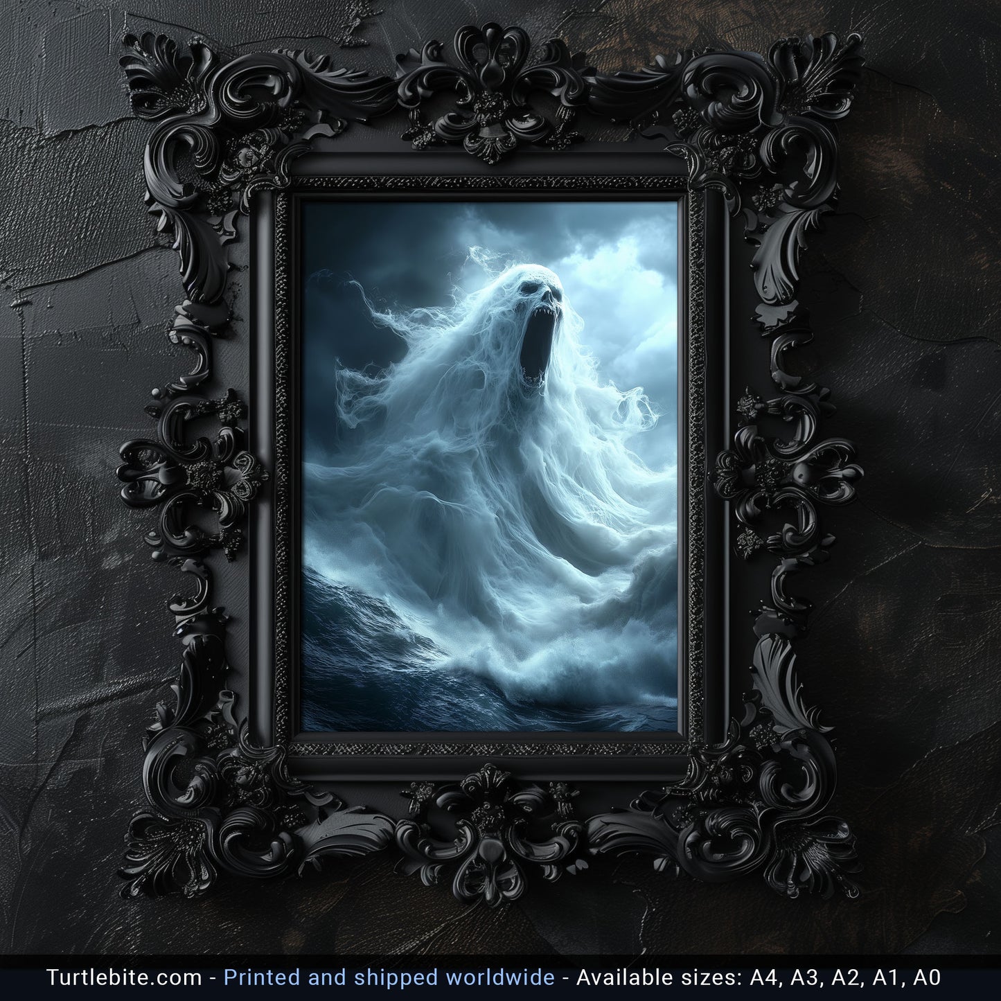 Terrifying Ocean Ghost Poster Print, Dark Sea Spirit Screaming Amid Stormy Waves in Spooky Supernatural Horror Artwork