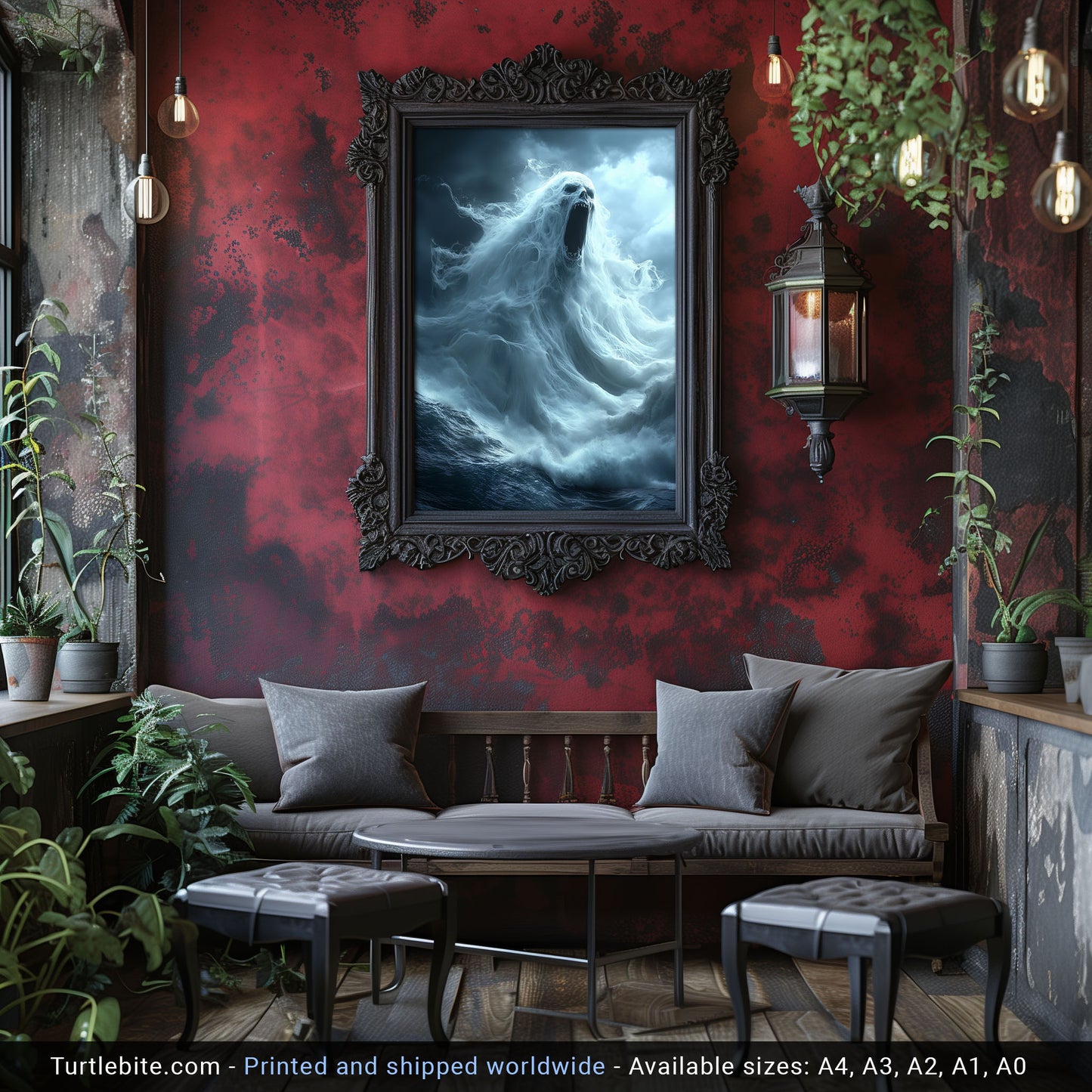 Terrifying Ocean Ghost Poster Print, Dark Sea Spirit Screaming Amid Stormy Waves in Spooky Supernatural Horror Artwork