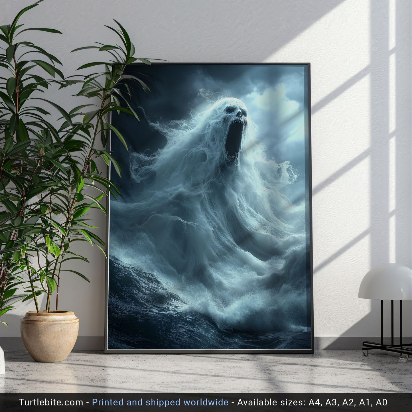 Terrifying Ocean Ghost Poster Print, Dark Sea Spirit Screaming Amid Stormy Waves in Spooky Supernatural Horror Artwork