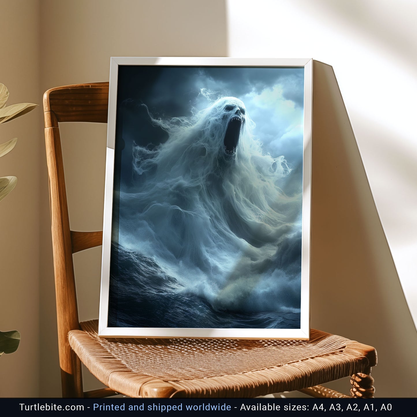 Terrifying Ocean Ghost Poster Print, Dark Sea Spirit Screaming Amid Stormy Waves in Spooky Supernatural Horror Artwork
