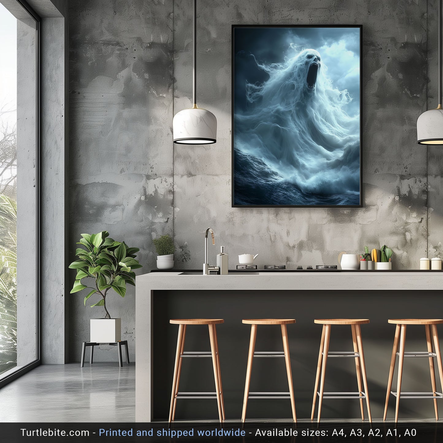 Terrifying Ocean Ghost Poster Print, Dark Sea Spirit Screaming Amid Stormy Waves in Spooky Supernatural Horror Artwork