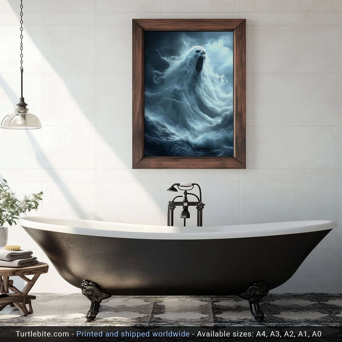 Terrifying Ocean Ghost Poster Print, Dark Sea Spirit Screaming Amid Stormy Waves in Spooky Supernatural Horror Artwork