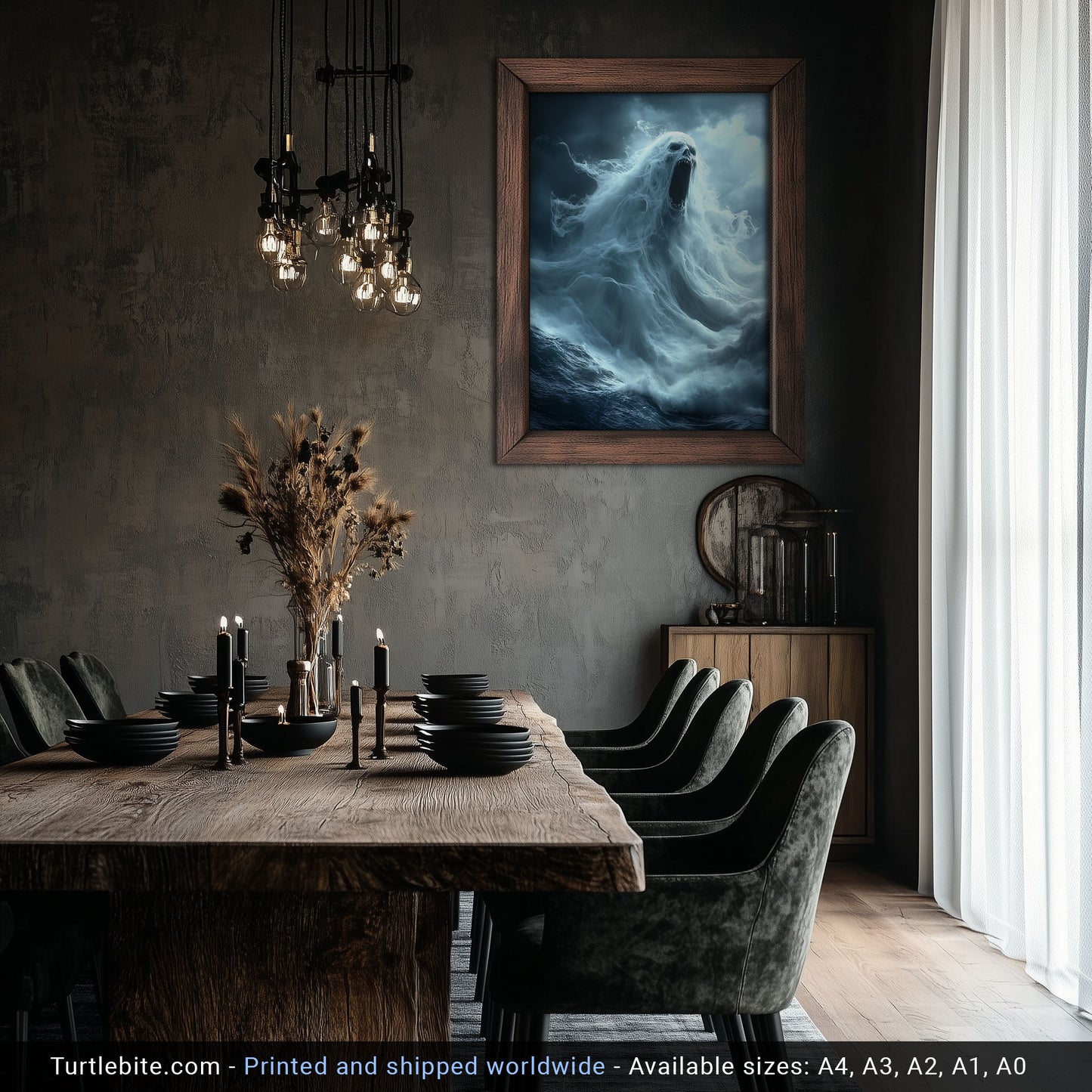 Terrifying Ocean Ghost Poster Print, Dark Sea Spirit Screaming Amid Stormy Waves in Spooky Supernatural Horror Artwork