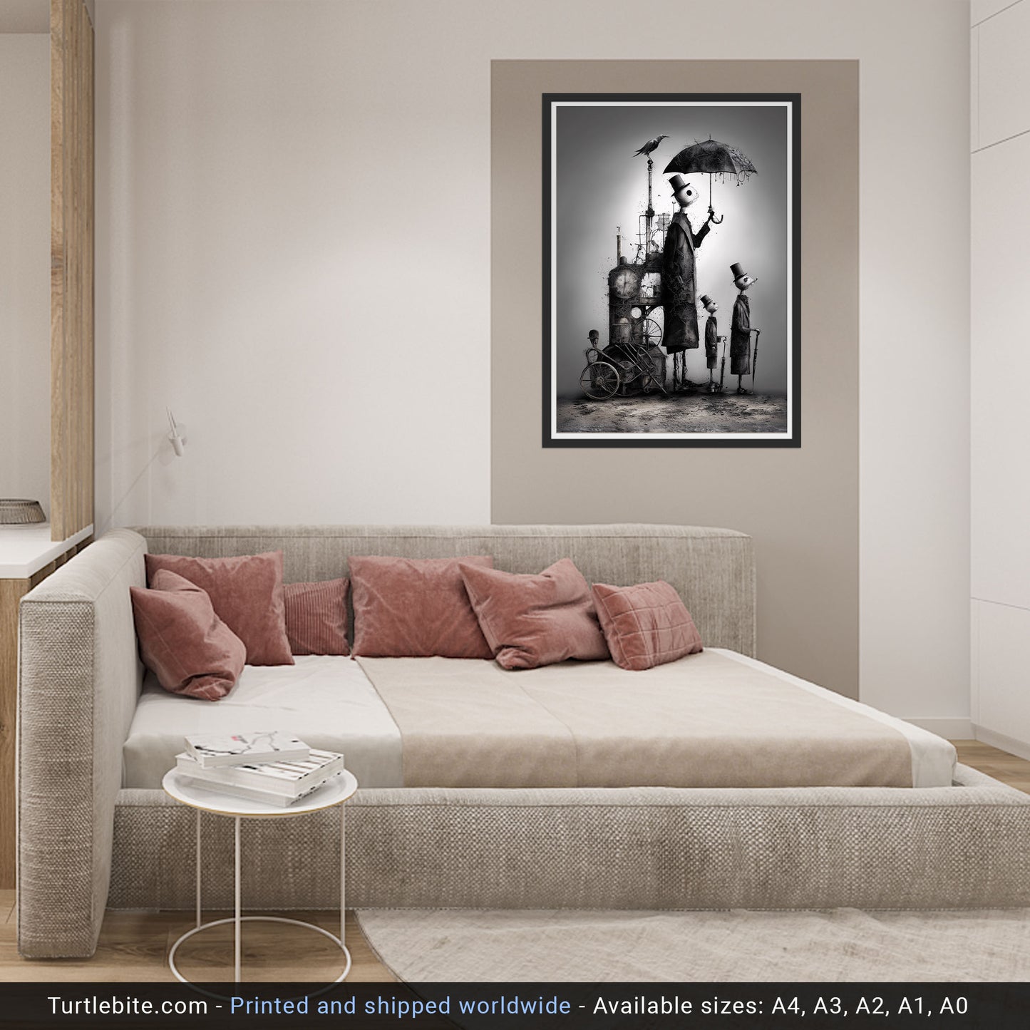 Dark Art Print: 'Waiting for the Rain' - Surreal Steampunk Figures, Gothic Monochrome Wall Art, Eerie Whimsical Illustration Poster