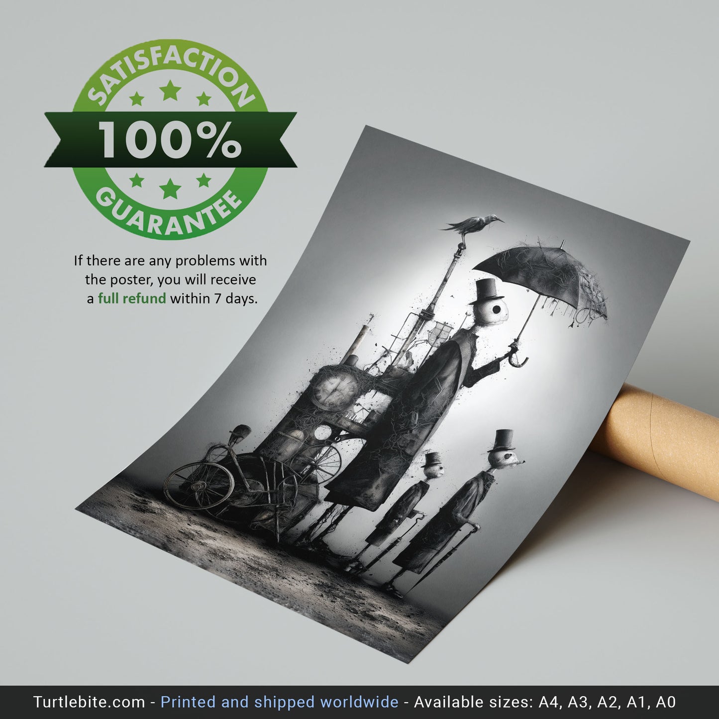 Dark Art Print: 'Waiting for the Rain' - Surreal Steampunk Figures, Gothic Monochrome Wall Art, Eerie Whimsical Illustration Poster