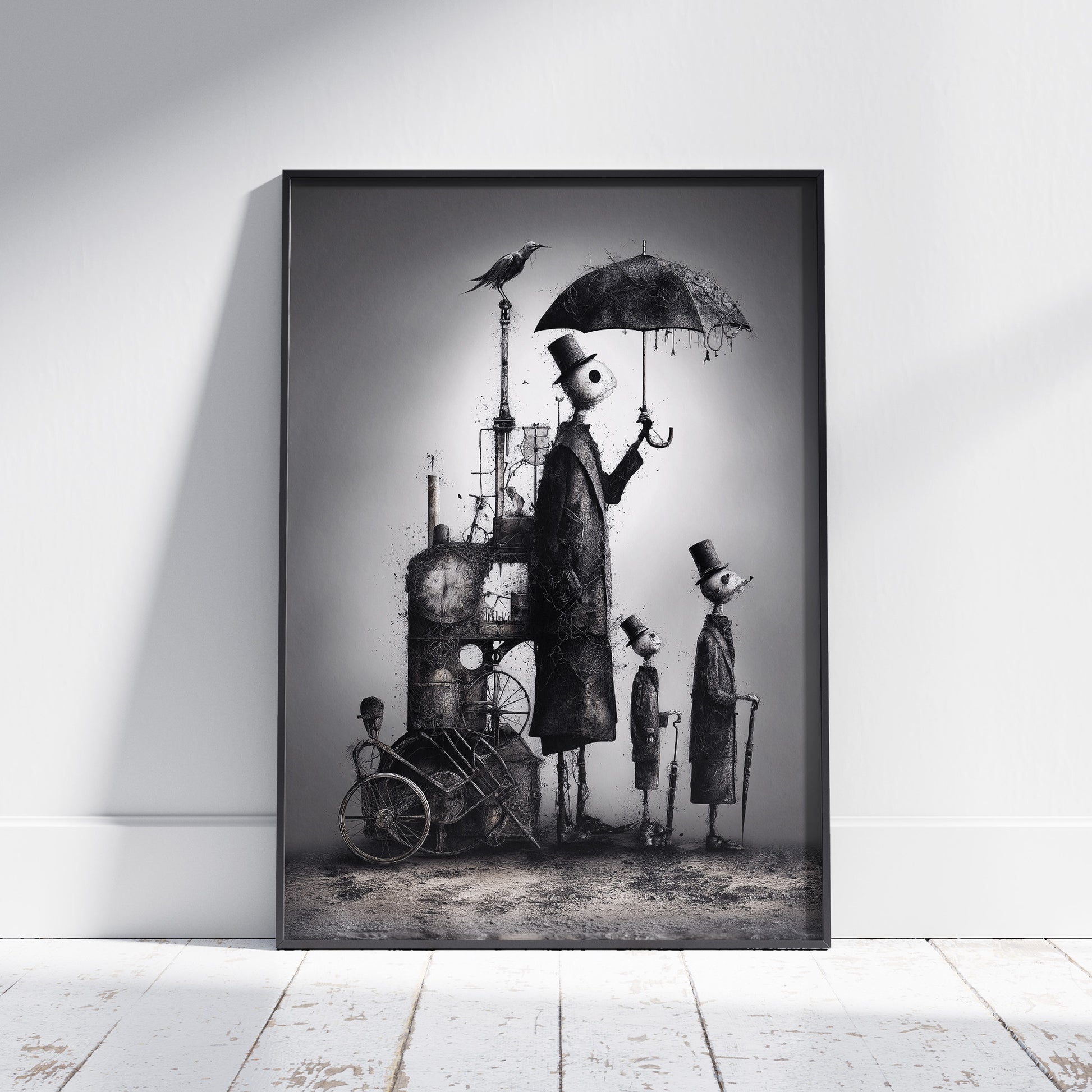 Dark art print 'Waiting for the Rain': surreal figures in top hats, steampunk machine, tattered umbrella, perched bird. Monochromatic, gothic style.