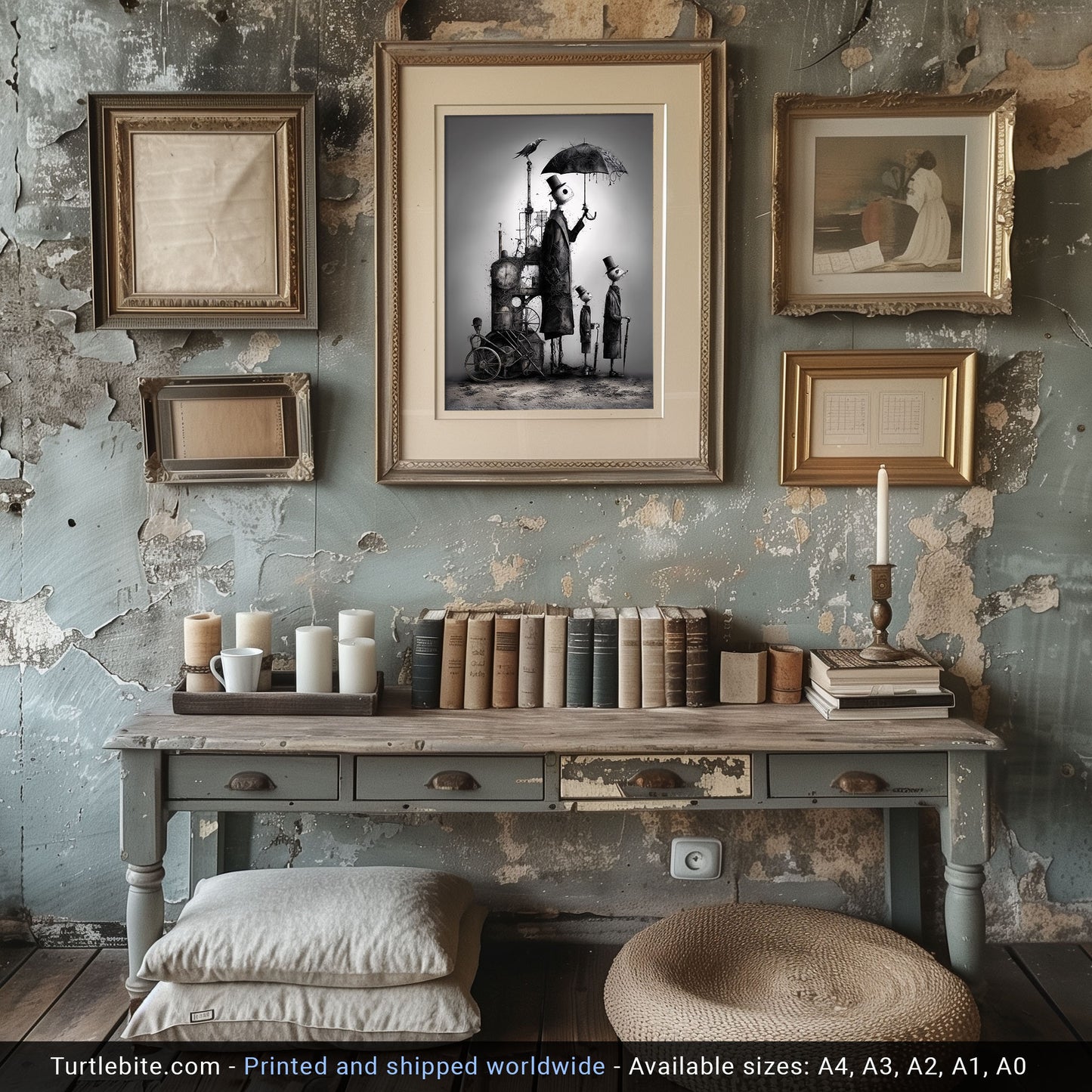 Dark Art Print: 'Waiting for the Rain' - Surreal Steampunk Figures, Gothic Monochrome Wall Art, Eerie Whimsical Illustration Poster