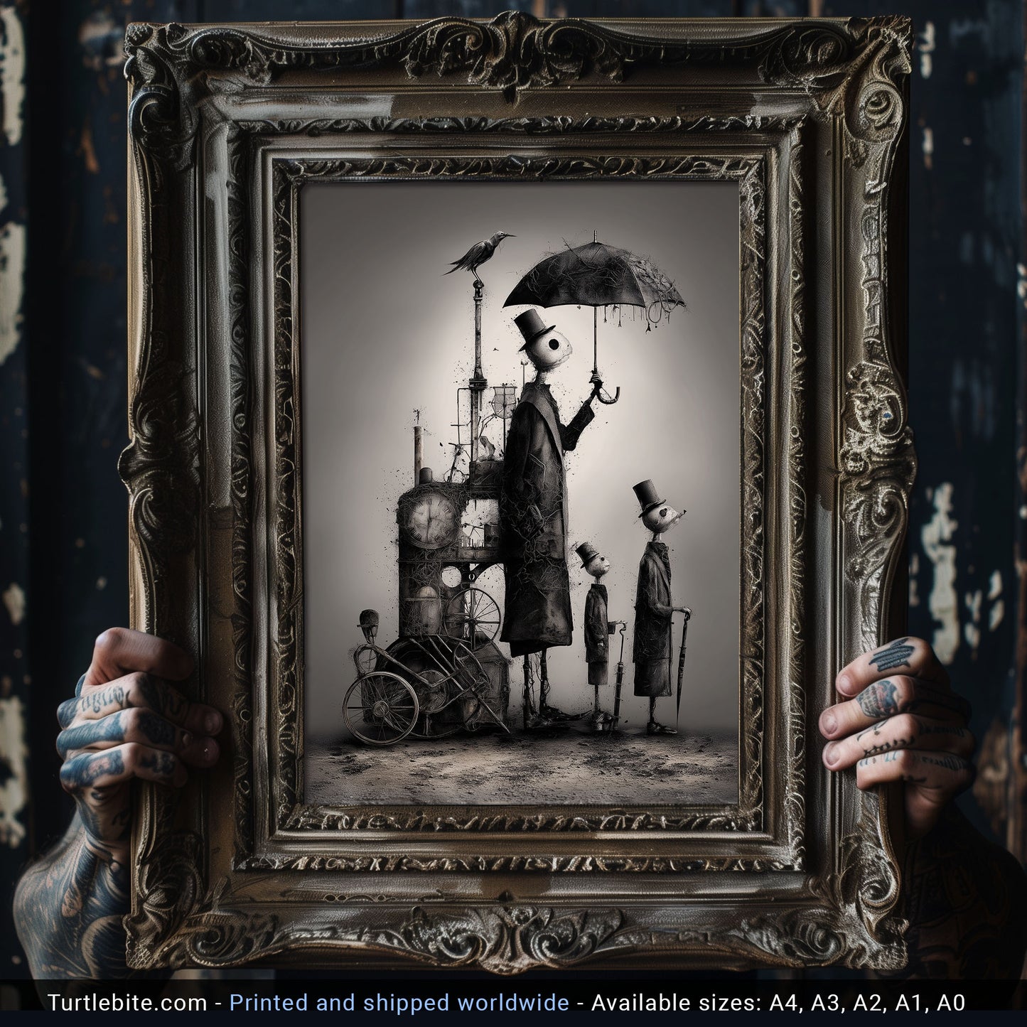 Dark Art Print: 'Waiting for the Rain' - Surreal Steampunk Figures, Gothic Monochrome Wall Art, Eerie Whimsical Illustration Poster