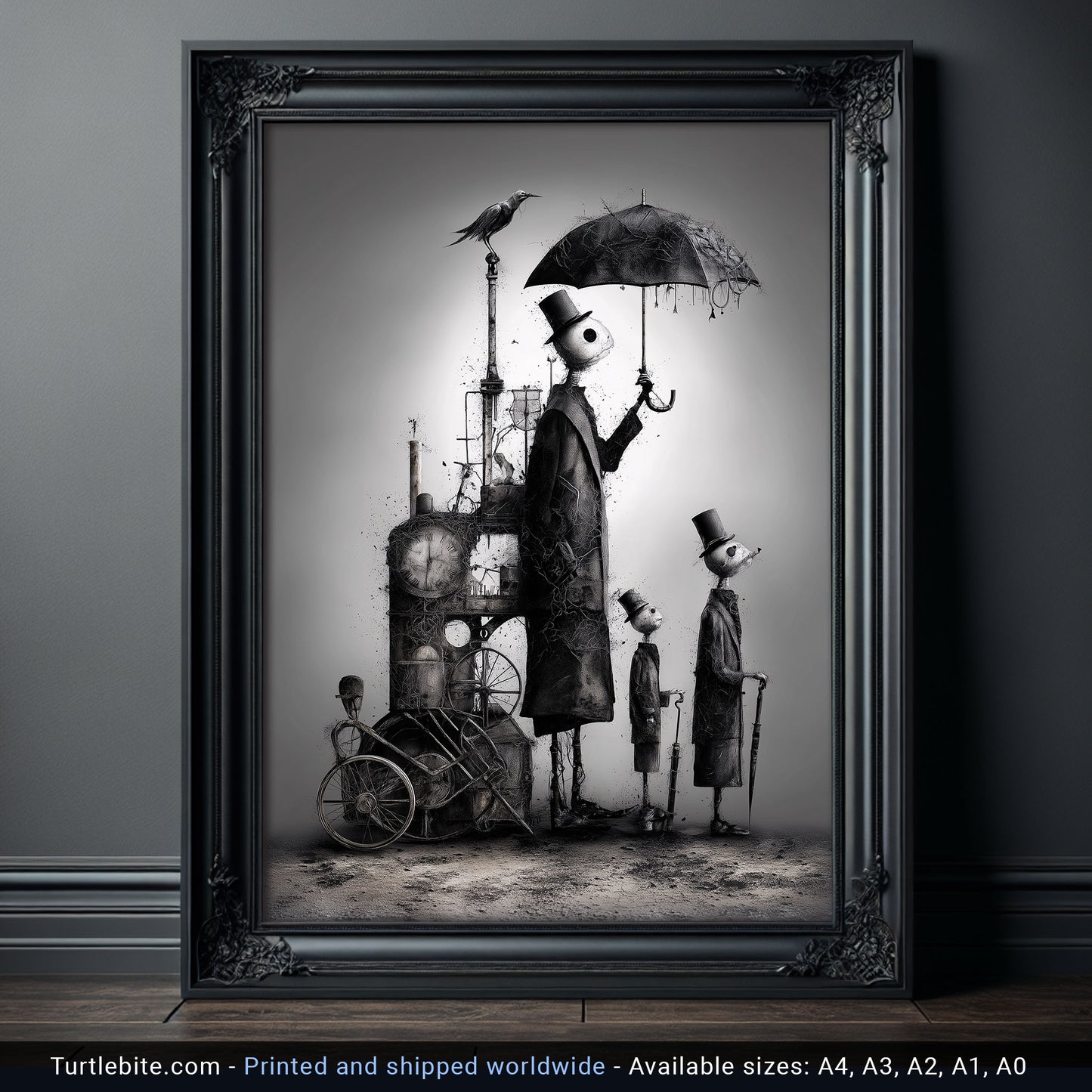 Dark Art Print: 'Waiting for the Rain' - Surreal Steampunk Figures, Gothic Monochrome Wall Art, Eerie Whimsical Illustration Poster