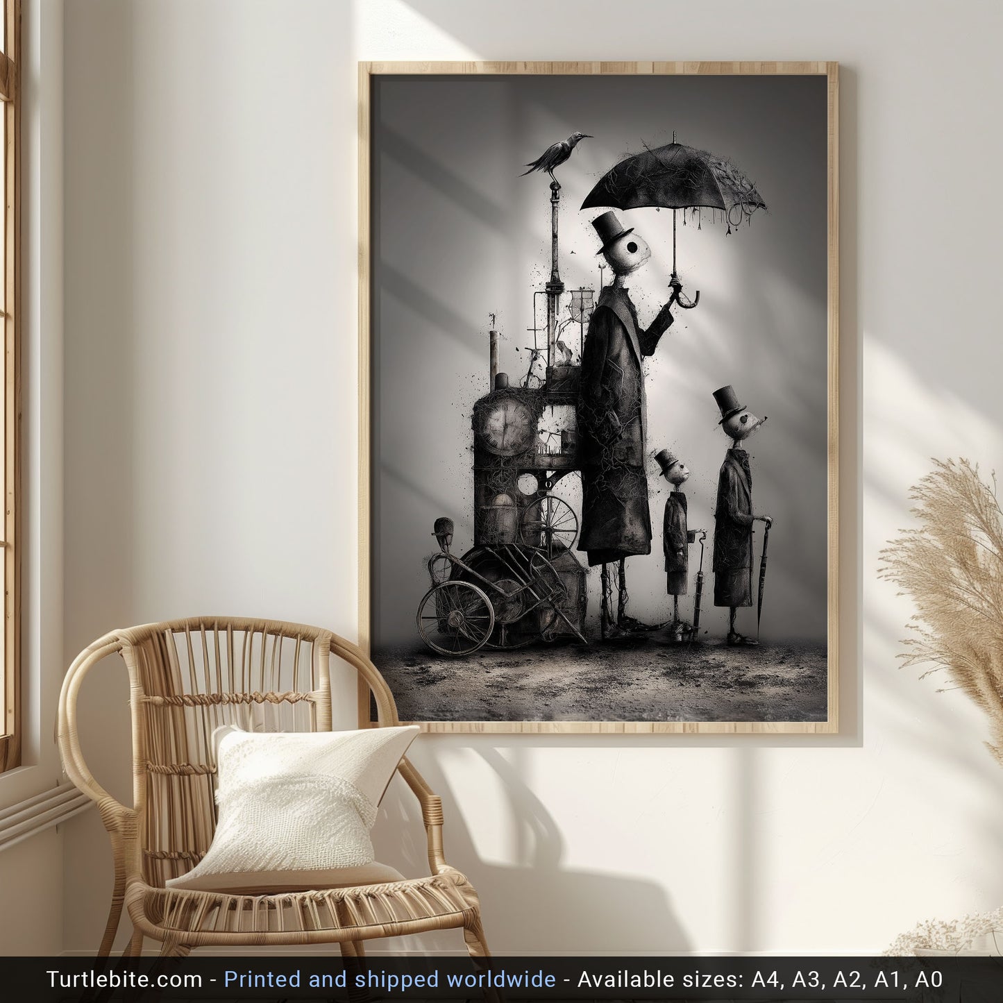 Dark Art Print: 'Waiting for the Rain' - Surreal Steampunk Figures, Gothic Monochrome Wall Art, Eerie Whimsical Illustration Poster