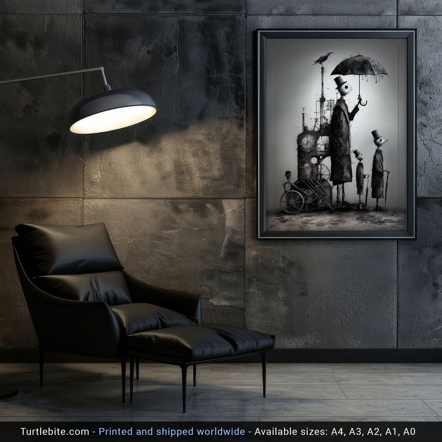 Dark Art Print: 'Waiting for the Rain' - Surreal Steampunk Figures, Gothic Monochrome Wall Art, Eerie Whimsical Illustration Poster