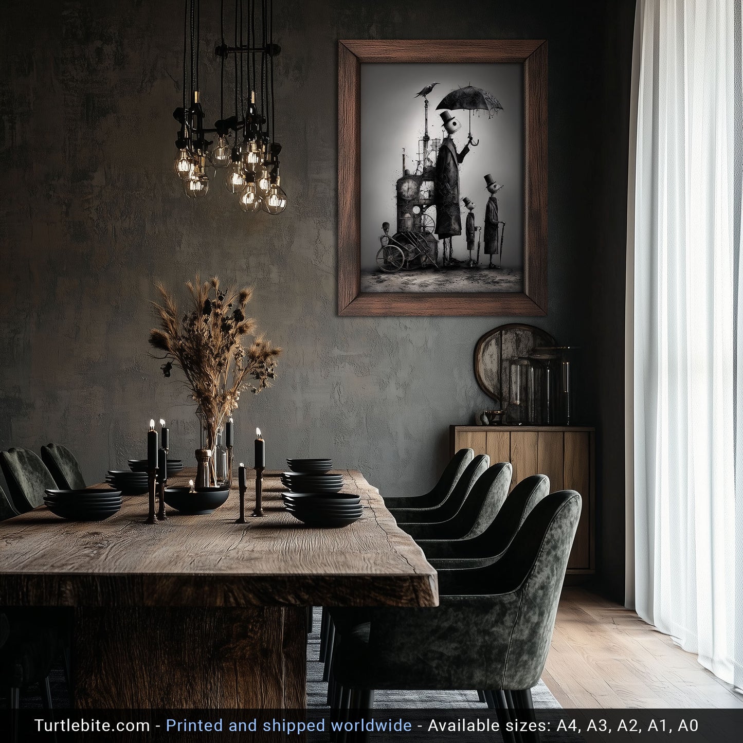 Dark Art Print: 'Waiting for the Rain' - Surreal Steampunk Figures, Gothic Monochrome Wall Art, Eerie Whimsical Illustration Poster