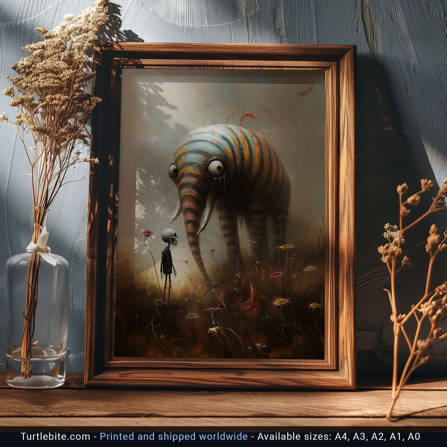 Surreal Elephant Art Print, Whimsical Striped Creature & Skeleton in a Field, Dark Fantasy Wall Decor, Gothic Macabre Poster Gift