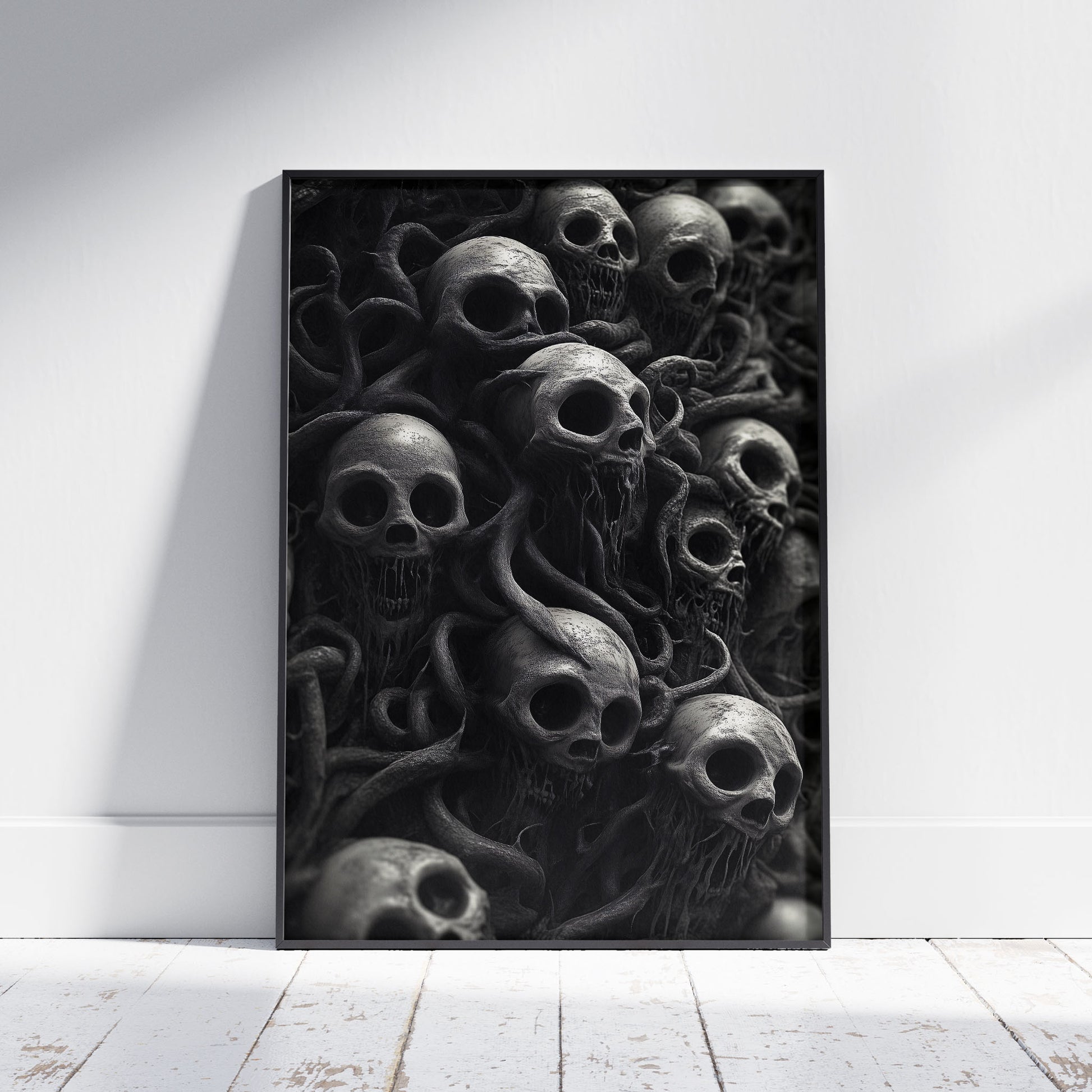 Highly detailed gothic skull wall art featuring twisted, dark sinews entwined around hollow-eyed skulls in a surreal horror aesthetic.