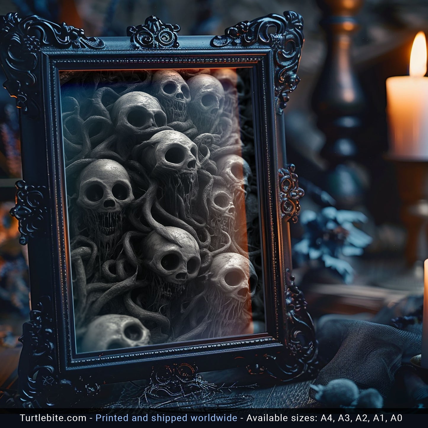 Skull Wall Art – Twisted Gothic Horror Print Featuring Surreal Skulls and Tentacles, Macabre Decor for Dark Art Enthusiasts