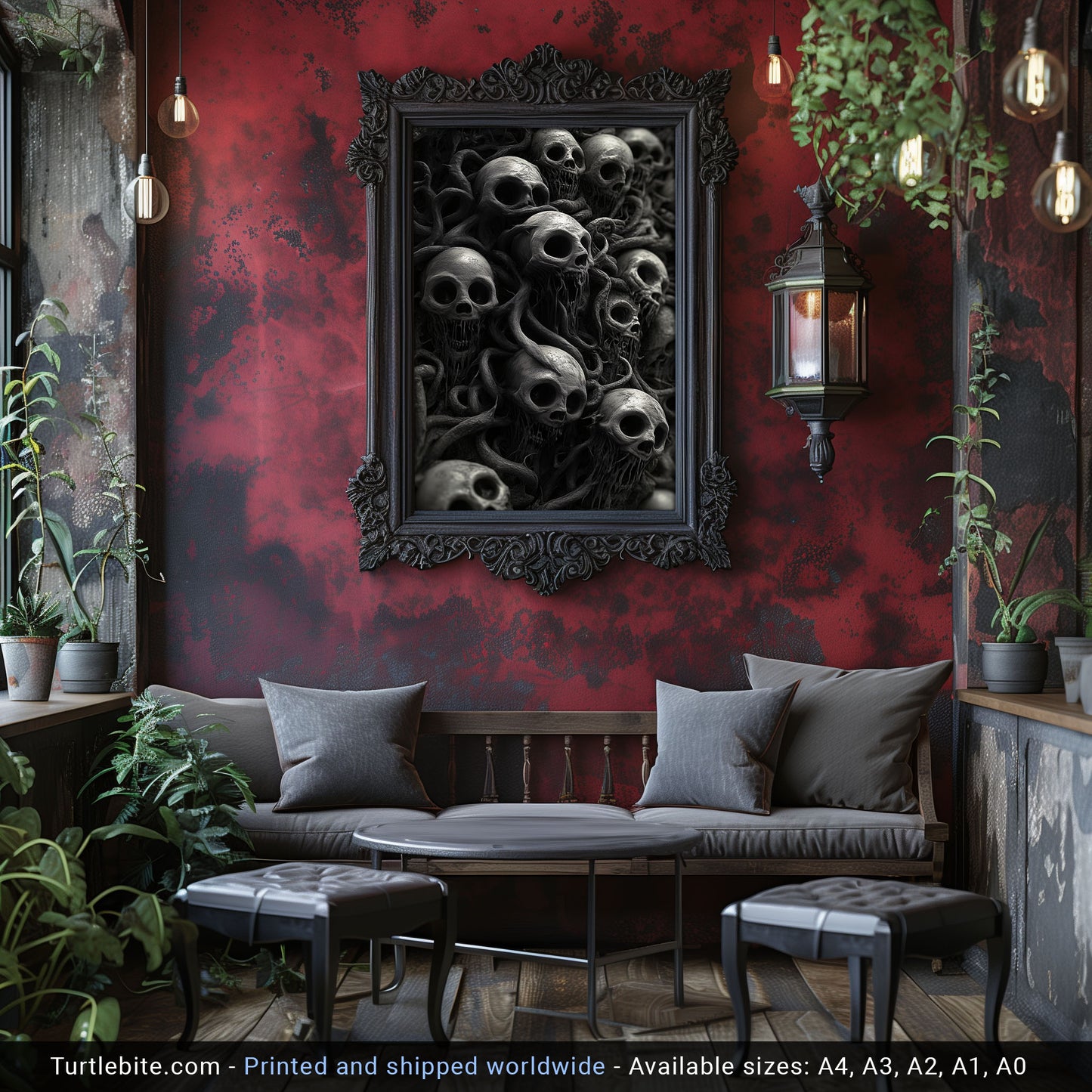 Skull Wall Art – Twisted Gothic Horror Print Featuring Surreal Skulls and Tentacles, Macabre Decor for Dark Art Enthusiasts