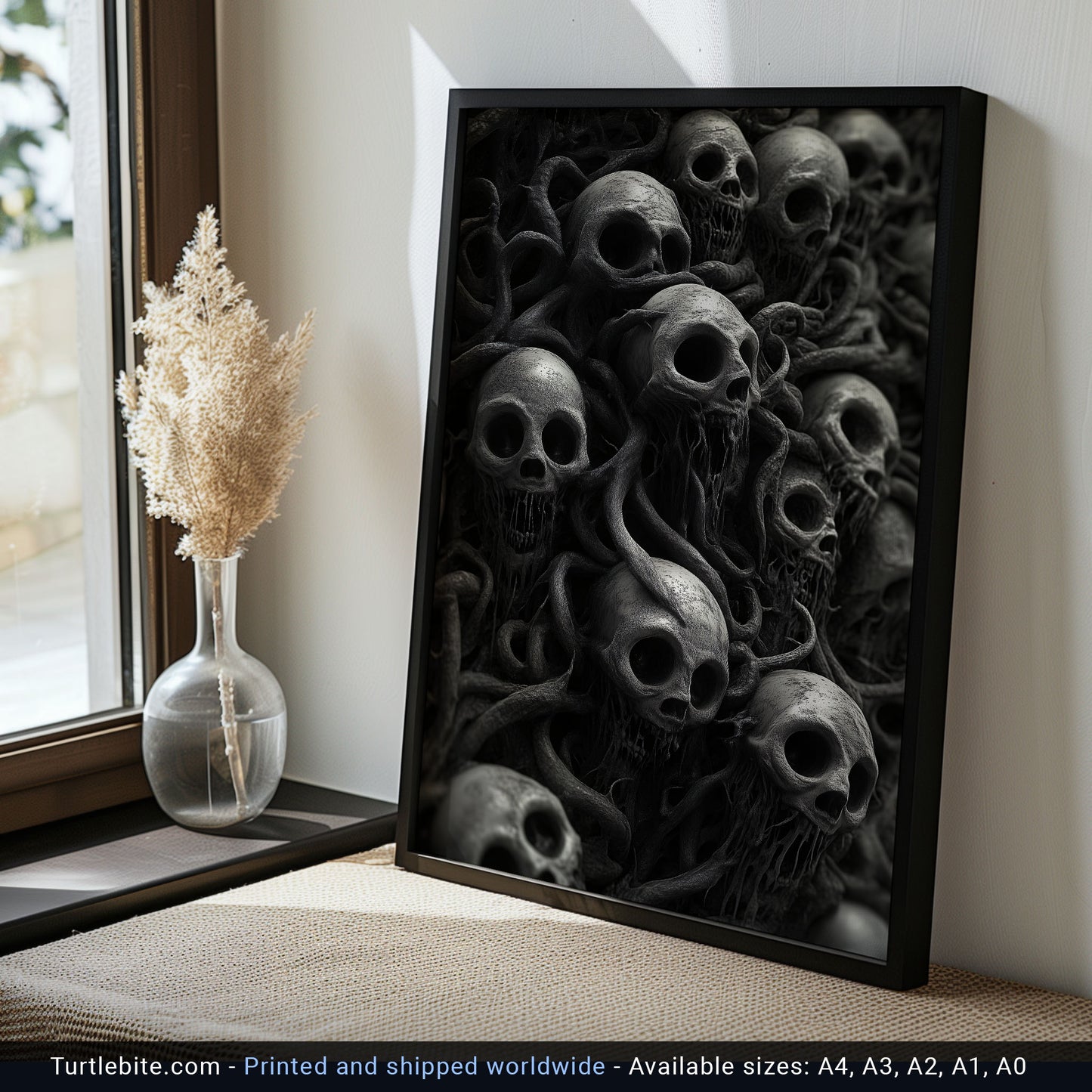 Skull Wall Art – Twisted Gothic Horror Print Featuring Surreal Skulls and Tentacles, Macabre Decor for Dark Art Enthusiasts
