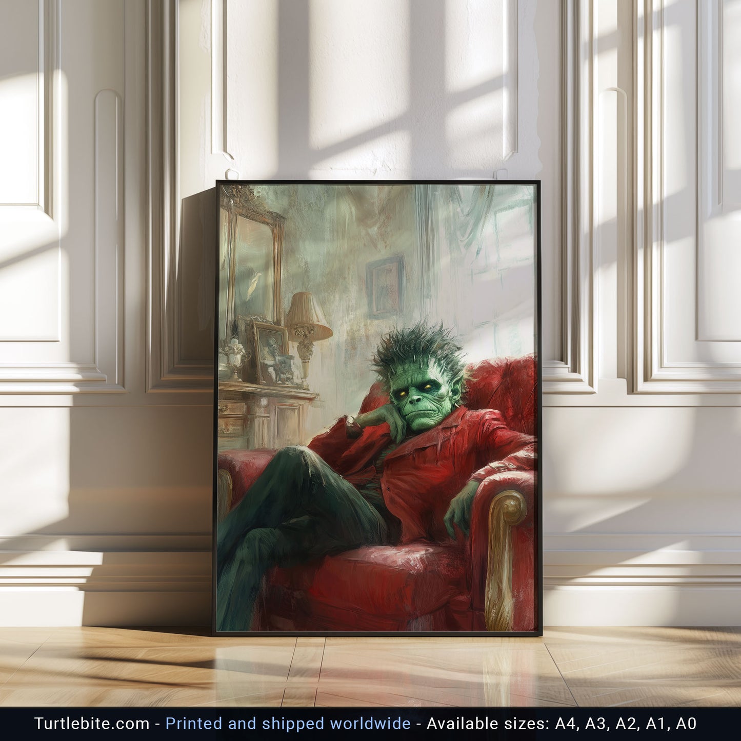 Frankenstein Art Print: Moody Monster in Repose, Gothic Home Decor, Dark Academia Wall Art, Classic Horror Portrait, Psychiatrist Session