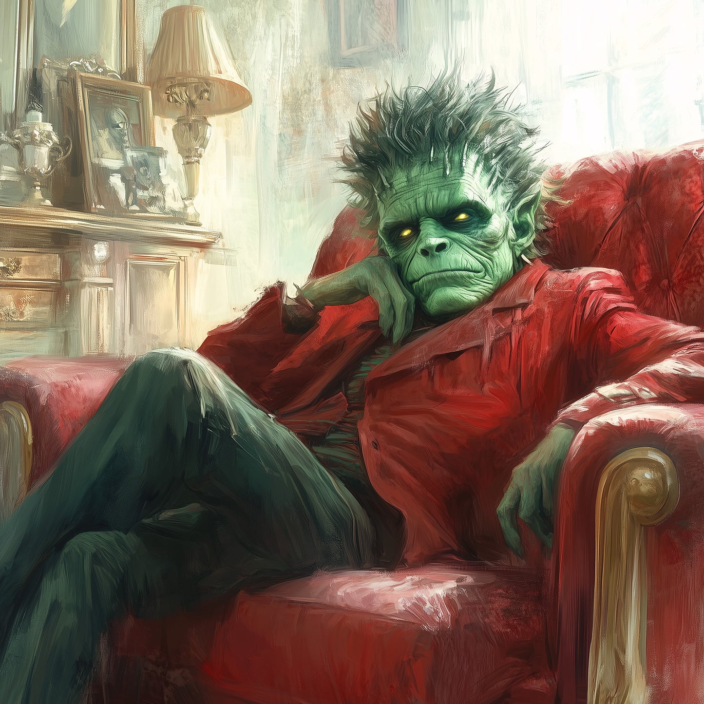 Frankenstein's monster, depicted with green skin and spiky dark hair, reclines thoughtfully in a plush red armchair, his chin resting on his hand, in a dimly lit, vintage-style room.