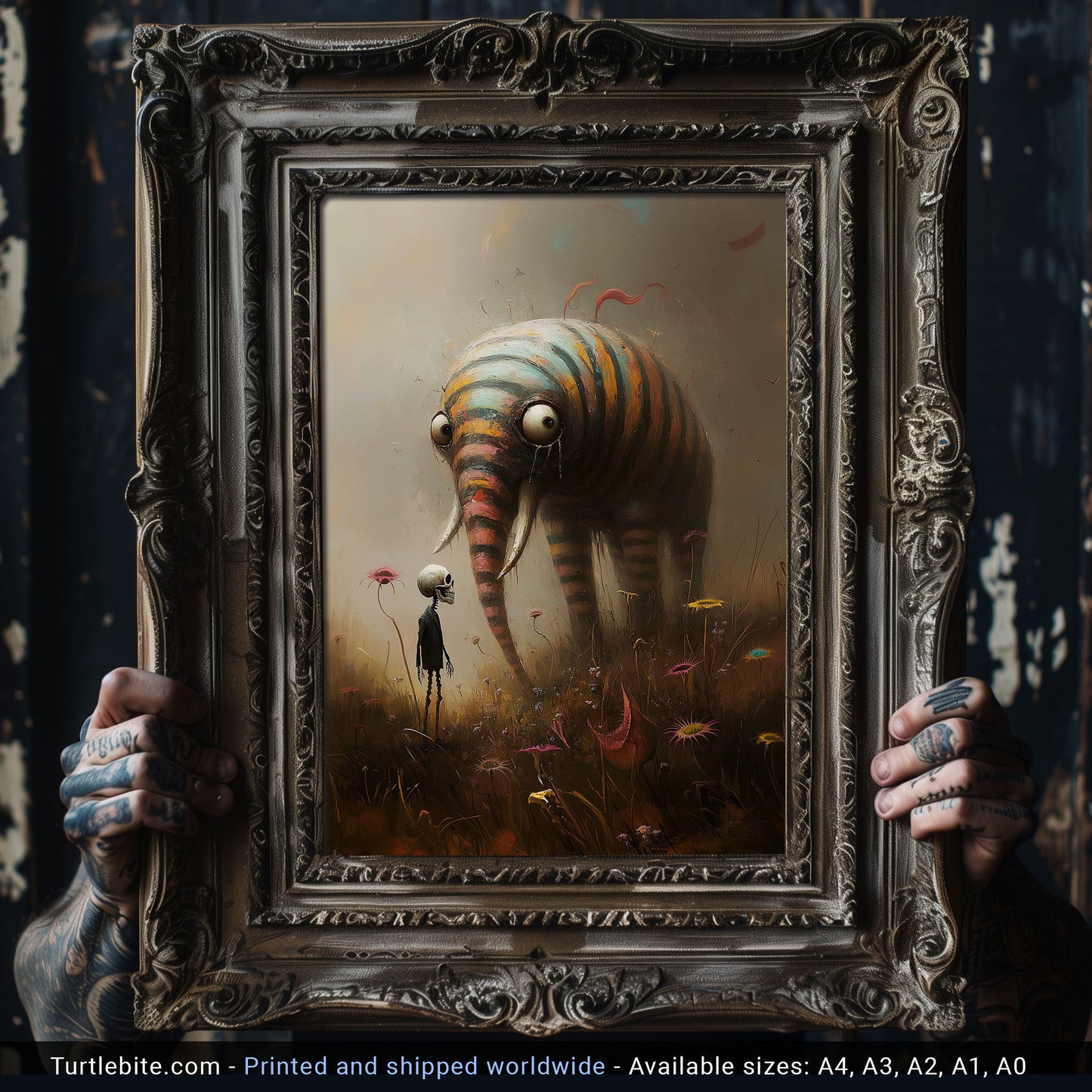 Surreal Elephant Art Print, Whimsical Striped Creature & Skeleton in a Field, Dark Fantasy Wall Decor, Gothic Macabre Poster Gift