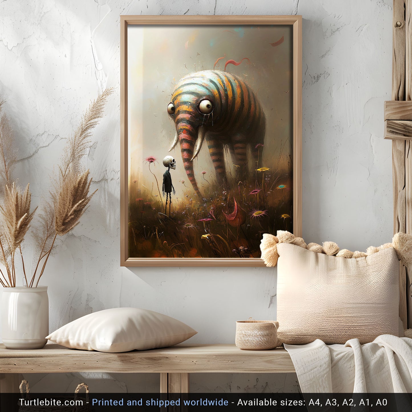 Surreal Elephant Art Print, Whimsical Striped Creature & Skeleton in a Field, Dark Fantasy Wall Decor, Gothic Macabre Poster Gift