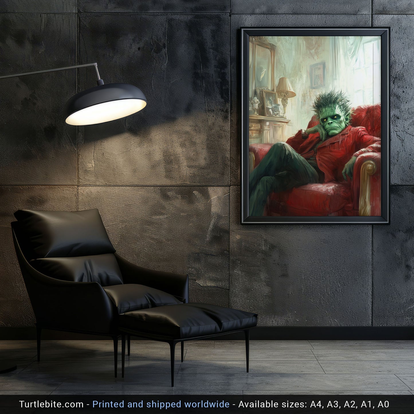 Frankenstein Art Print: Moody Monster in Repose, Gothic Home Decor, Dark Academia Wall Art, Classic Horror Portrait, Psychiatrist Session