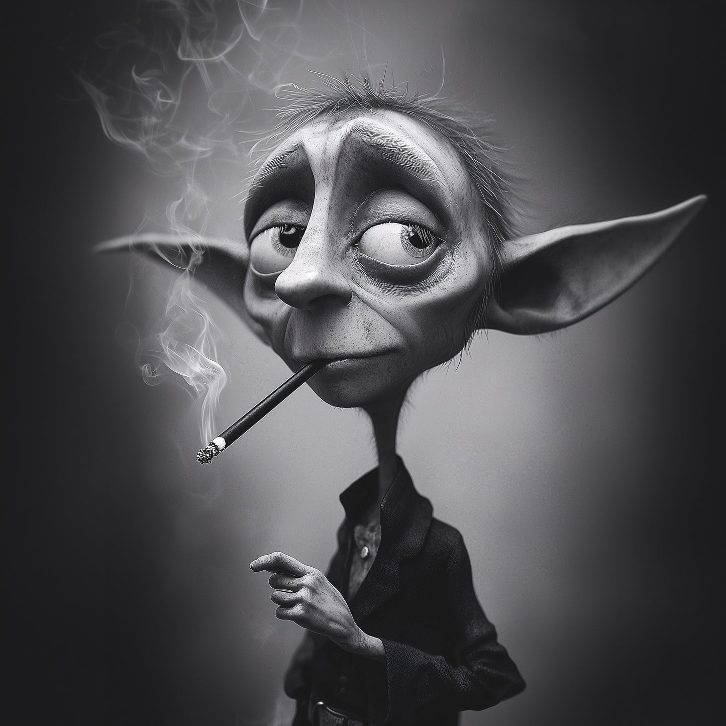 A highly detailed, black and white digital art portrait of a fantasy goblin-like creature with large, pointed ears and weary eyes. The creature has a long, thin neck and is smoking a cigarette, with smoke curling up around its head. It is dressed in a dark jacket, embodying a moody, noir aesthetic.